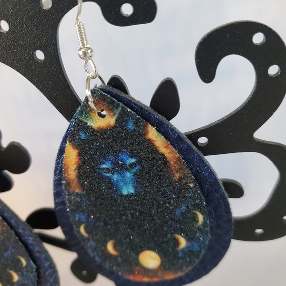 Wolf Moons Blue Faux Leather Teardrop Earrings - Picture 4 of 9